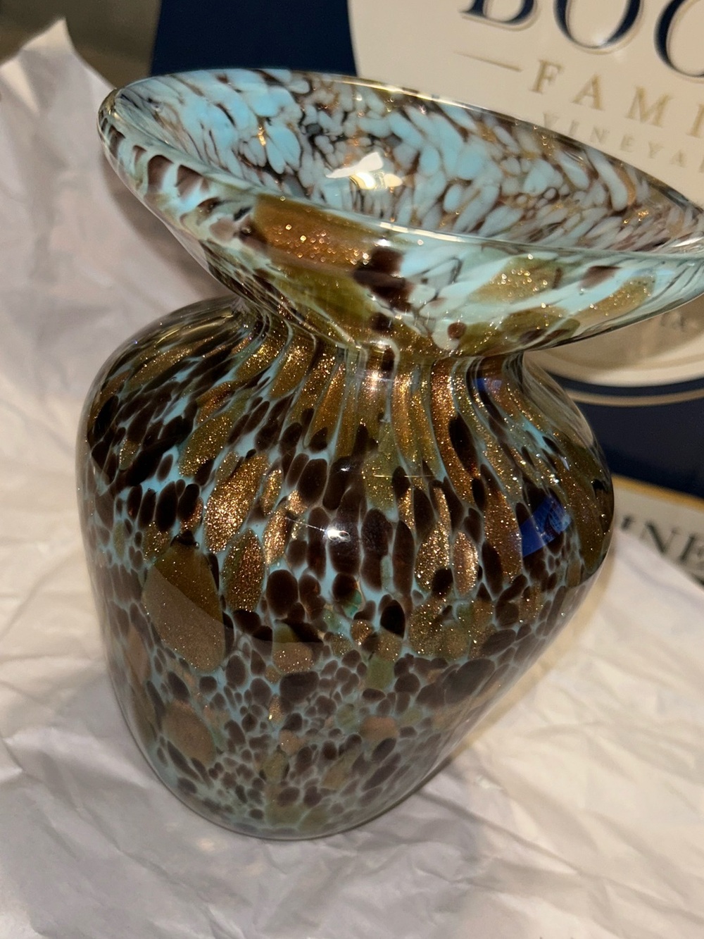 Vintage rare vase Murano glass vase with sky blue, black, and copper aventurine.